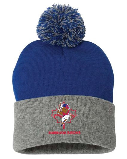 BINBROOK BASEBALL ROLL UP WINTER HAT WITH POM POM